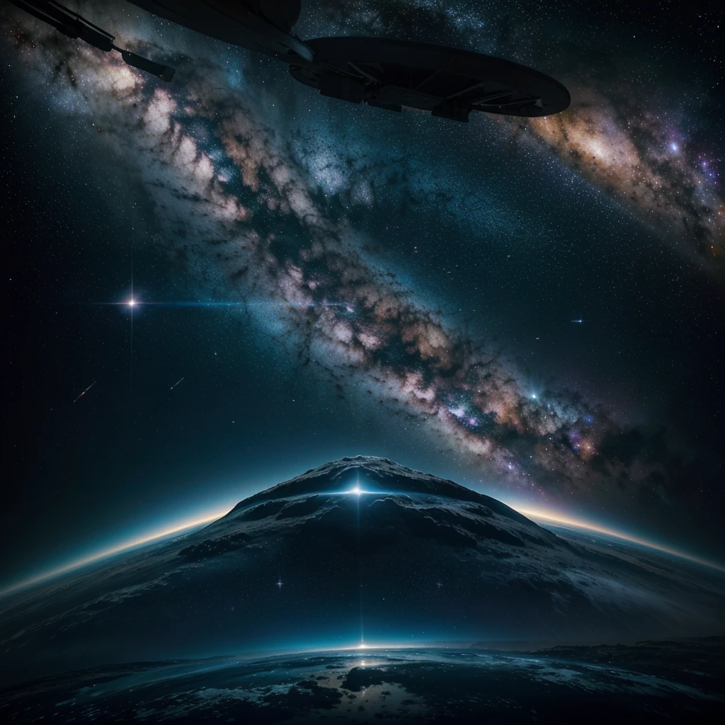 A vast and deep starry sky, with a myriad of stars shining like diamonds on a black velvet. In the center of the image, a majestic nebula unfolds in vibrant shades of blue, purple and pink, their gaseous forms undulating in the void. At the bottom, you can see a spiral galaxy with its arms extending gracefully, filled with billions of stars.
Spotlight, an Earth-like planet floats serenely, its surface showing blue oceans and green continents under a fluffy white atmosphere. Close to the planet, a futuristic spaceship with a sleek, streamlined design is parked, with flashing lights and solar panels spread. An astronaut in an advanced space suit is floating near the ship, carrying out repairs or simply admiring the view.
Small particles of dust and asteroids reflect starlight, creating a flare effect around the scene. The contrast between the vastness of space and the vibrant colors of the nebula and planet creates a visually striking and beautiful image, Full of details that capture the essence and wonder of the universe.