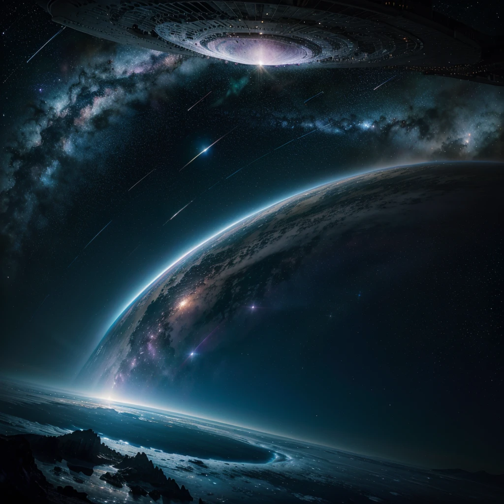 A vast and deep starry sky, with a myriad of stars shining like diamonds on a black velvet. In the center of the image, a majestic nebula unfolds in vibrant shades of blue, purple and pink, their gaseous forms undulating in the void. At the bottom, you can see a spiral galaxy with its arms extending gracefully, filled with billions of stars.
Spotlight, an Earth-like planet floats serenely, its surface showing blue oceans and green continents under a fluffy white atmosphere. Close to the planet, a futuristic spaceship with a sleek, streamlined design is parked, with flashing lights and solar panels spread. An astronaut in an advanced space suit is floating near the ship, carrying out repairs or simply admiring the view.
Small particles of dust and asteroids reflect starlight, creating a flare effect around the scene. The contrast between the vastness of space and the vibrant colors of the nebula and planet creates a visually striking and beautiful image, Full of details that capture the essence and wonder of the universe.