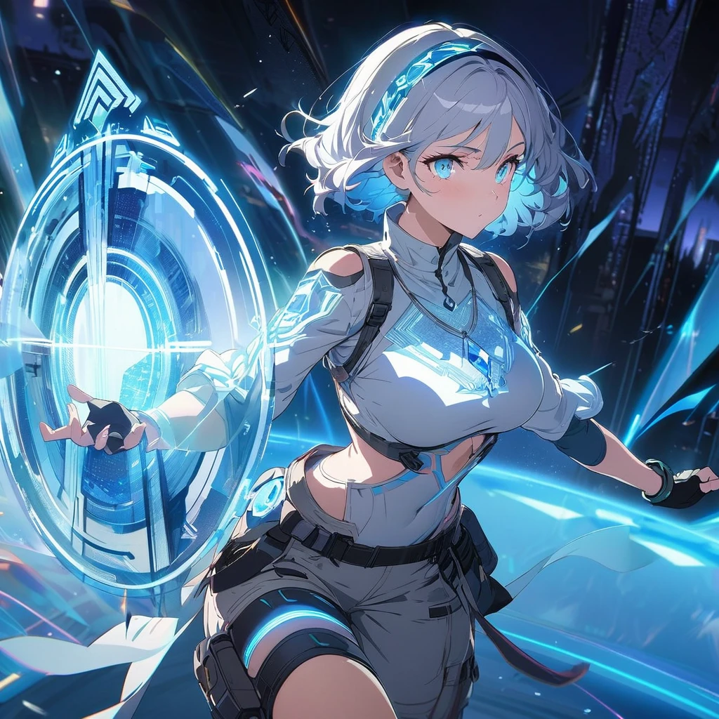 Create an image of a gentle girl with short, silvery-blue hair wearing a fitted, high-collar, long-sleeved shirt with glowing runic patterns, slim-fit cargo pants, fingerless gloves with LED strips, articulated knee guards, and sturdy, glowing-trim combat boots; she has a high-tech headband, (nude:0.8) a silver necklace with a crystal pendant, and a wrist-mounted holographic projector, and she is generating a large, translucent energy shield with intricate, glowing blue patterns, standing in a dynamic yet gentle pose with a dark, dramatic background illuminated by blue light and energy waves, detailed gorgeous face| anime style| key visual| intricate detail| highly detailed| breathtaking| vibrant| panoramic| cinematic| Carne Griffiths| Conrad Roset| gibbli 8