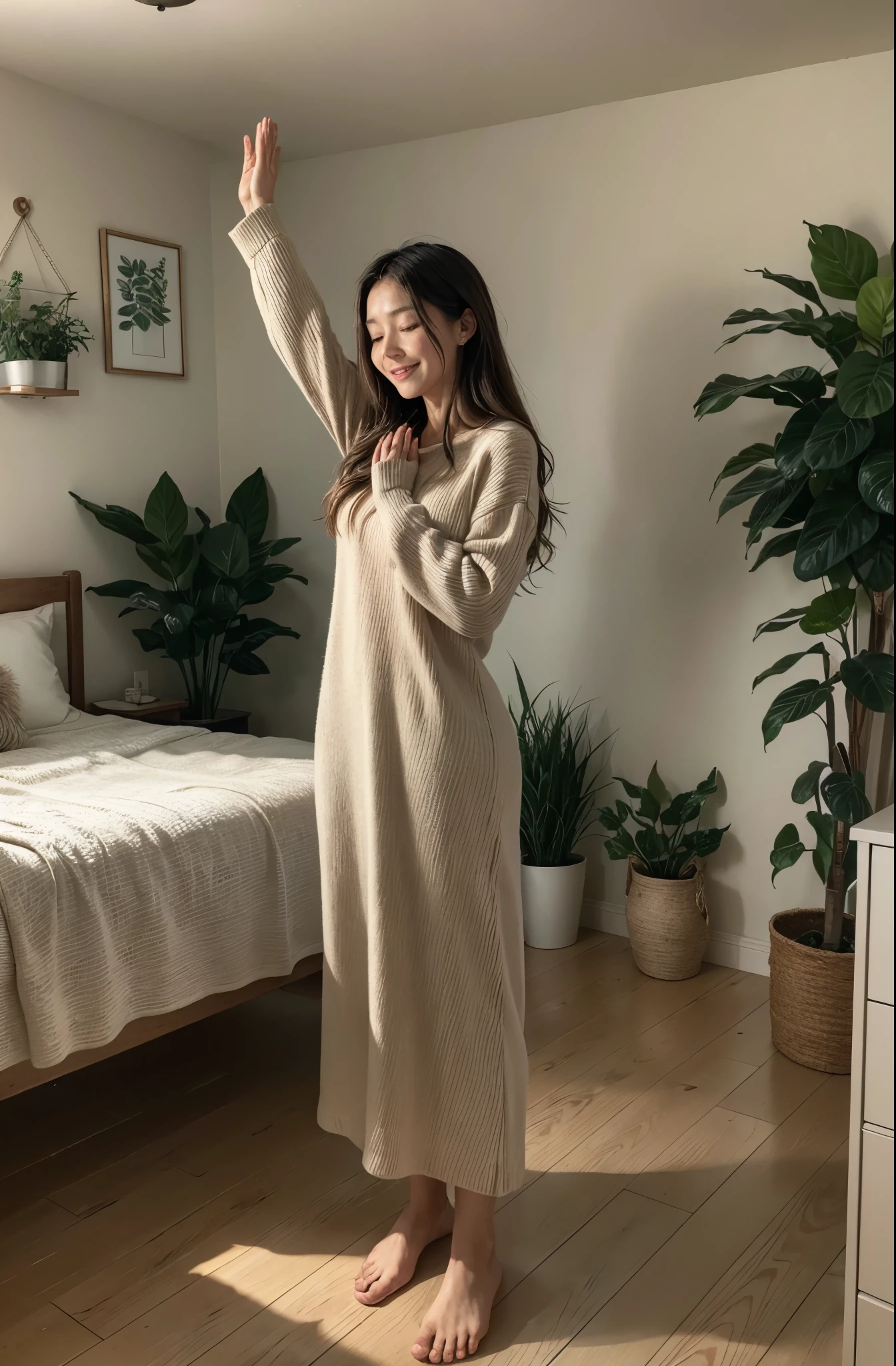 A woman in a cozy room, decorated with plants, is standing with his hands raised, in a moment of happy prayer and gratitude to God. Your face expresses serenity and joy."