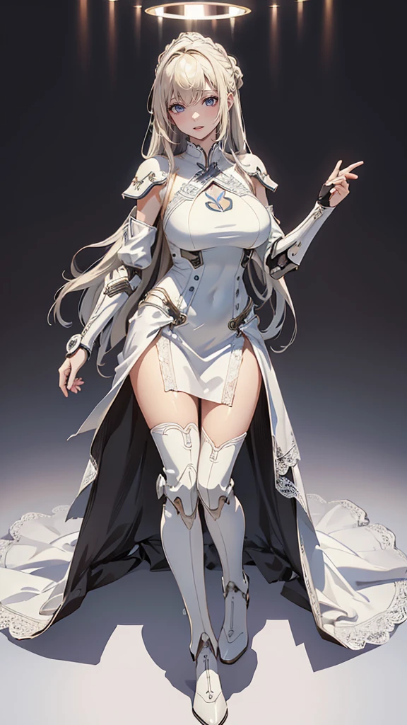 (dynamic fighting pose),(leather boots,(asymmetrical mecha armor),(long embroidered white lace dress,see through,lift up the hem of the dress)),(random hairstyle),(Thin type:1.5),(large breasts:1.5),(Highest image quality,(8K), Ultra-realistic, Best Quality, High quality, High Definition, high quality texture, high detailing, Beautiful detailed, fine detailed, extremely details CG, Detailed texture, realistic representation of face, masterpiece, presence)