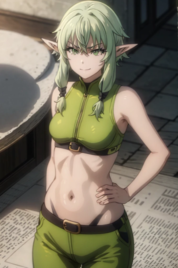 pointy ears, green hair, green eyes, short hair, short hair with long locks,smug half-closed eyes,masterpiece, best quality, photorealistic, yujiasuit, yoga sports bra, yoga pants, 1boy, solo, , yoga ball, pants, looking at viewer, smile, green sports bra, simple background, , midriff, long hair, breasts, green pants, sportswear, tank top, upper body,