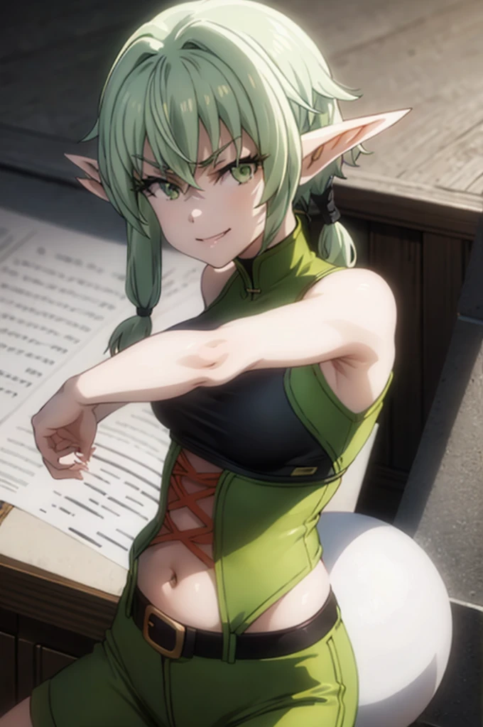 pointy ears, green hair, green eyes, short hair, short hair with long locks,smug half-closed eyes,masterpiece, best quality, photorealistic, yujiasuit, yoga sports bra, yoga pants, 1boy, solo, , yoga ball, pants, looking at viewer, smile, green sports bra, simple background, , midriff, long hair, breasts, green pants, sportswear, tank top, upper body,