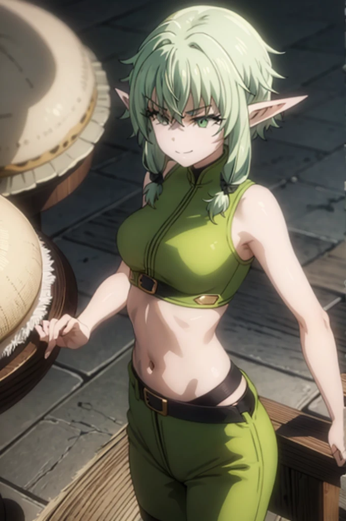 pointy ears, green hair, green eyes, short hair, short hair with long locks,smug half-closed eyes,masterpiece, best quality, photorealistic, yujiasuit, yoga sports bra, yoga pants, 1boy, solo, , yoga ball, pants, looking at viewer, smile, green sports bra, simple background, , midriff, long hair, breasts, green pants, sportswear, tank top, upper body,