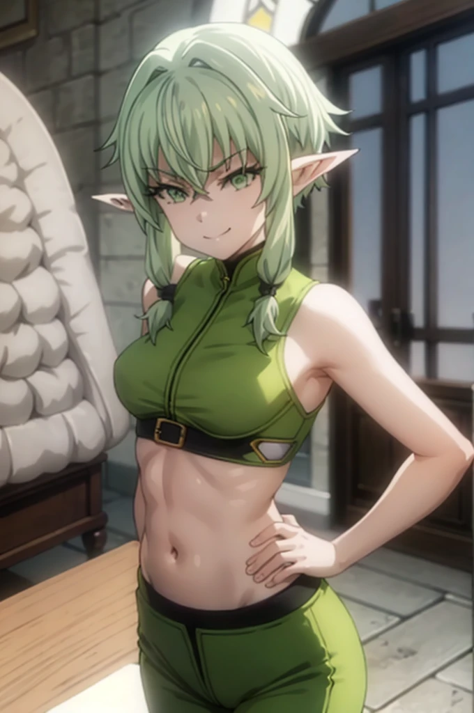 pointy ears, green hair, green eyes, short hair, short hair with long locks,smug half-closed eyes,masterpiece, best quality, photorealistic, yujiasuit, yoga sports bra, yoga pants, 1boy, solo, , yoga ball, pants, looking at viewer, smile, green sports bra, simple background, , midriff, long hair, breasts, green pants, sportswear, tank top, upper body,