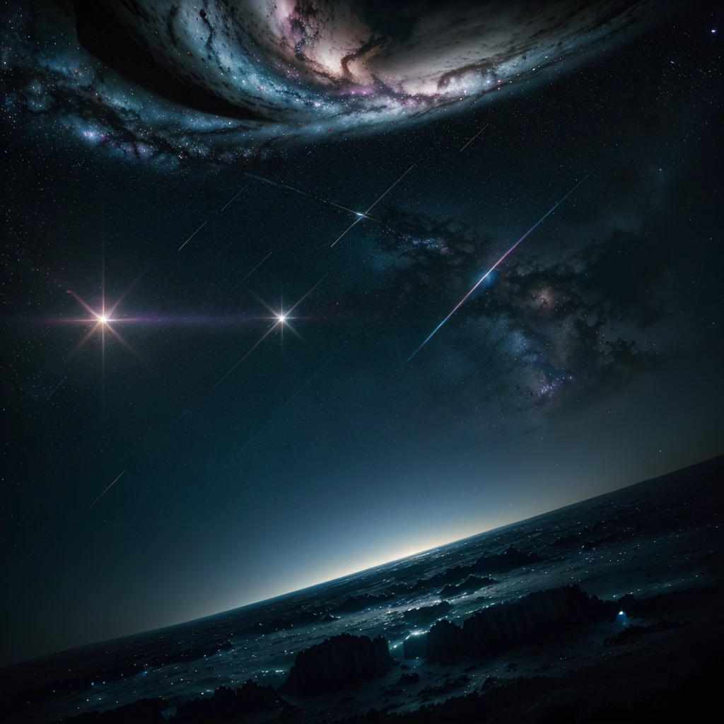A vast and deep starry sky, with a myriad of stars shining like diamonds on a black velvet. In the center of the image, a majestic nebula unfolds in vibrant shades of blue, purple and pink, their gaseous forms undulating in the void. At the bottom, you can see a spiral galaxy with its arms extending gracefully, filled with billions of stars.
Spotlight, an Earth-like planet floats serenely, its surface showing blue oceans and green continents under a fluffy white atmosphere. Close to the planet, a futuristic spaceship with a sleek, streamlined design is parked, with flashing lights and solar panels spread. An astronaut in an advanced space suit is floating near the ship, carrying out repairs or simply admiring the view.
Small particles of dust and asteroids reflect starlight, creating a flare effect around the scene. The contrast between the vastness of space and the vibrant colors of the nebula and planet creates a visually striking and beautiful image, Full of details that capture the essence and wonder of the universe.