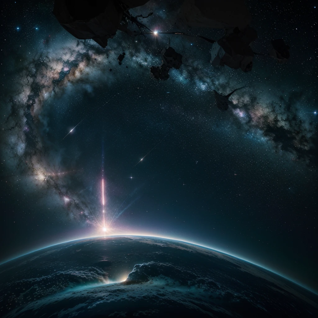 A vast and deep starry sky, with a myriad of stars shining like diamonds on a black velvet. In the center of the image, a majestic nebula unfolds in vibrant shades of blue, purple and pink, their gaseous forms undulating in the void. At the bottom, you can see a spiral galaxy with its arms extending gracefully, filled with billions of stars.

Spotlight, an Earth-like planet floats serenely, its surface showing blue oceans and green continents under a fluffy white atmosphere. Close to the planet, a futuristic spaceship with a sleek, streamlined design is parked, with flashing lights and solar panels spread. An astronaut in an advanced space suit is floating near the ship, carrying out repairs or simply admiring the view.

Small particles of dust and asteroids reflect starlight, creating a flare effect around the scene. The contrast between the vastness of space and the vibrant colors of the nebula and planet creates a visually striking and beautiful image, Full of details that capture the essence and wonder of the universe.