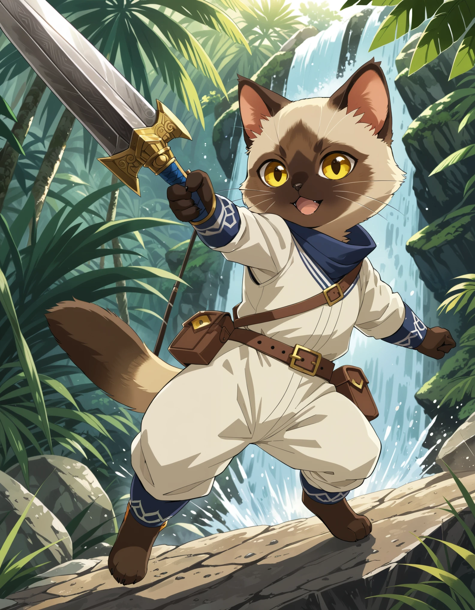 (by Awataguchi Takamitsu, by Hasui Kawase), monster hunter, anthro (palico), siamese cat, yellow eyes, action pose, fantasy weapon, large melee, hunter suit, jungle, rock