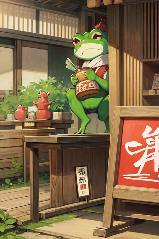 Edo Period、A frog playing a pipe、Doing a store number。The frog is greedy for money.