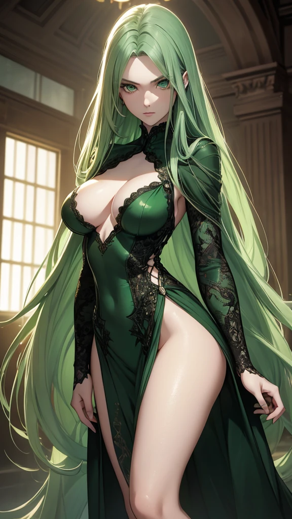 masterpiece, highest quality, (solo focus), (perfect face:1.1), (full body), (high detail:1.1), (hyper detailed eyes), dramatic, a woman with pale skin and long voluminous green hair, green eyes, solo, long hair, arrogant expression, detailed background, art by artgerm, cinematic lighting, fashion, BalenciagaStyle