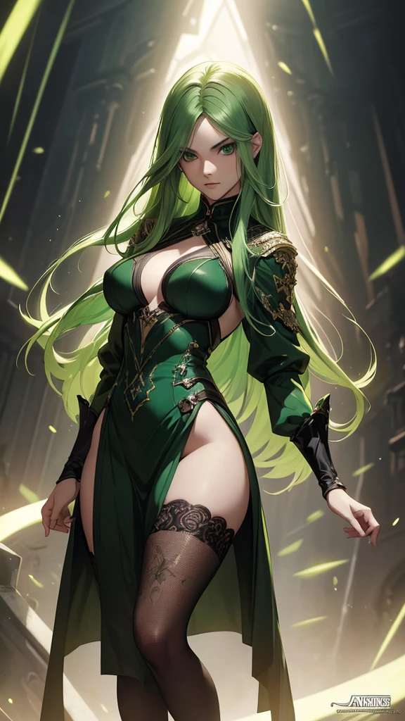 masterpiece, highest quality, (solo focus), (perfect face:1.1), (full body), (high detail:1.1), (hyper detailed eyes), dramatic, a woman with pale skin and long voluminous green hair, green eyes, solo, long hair, arrogant expression, detailed background, art by artgerm, cinematic lighting, fashion, BalenciagaStyle