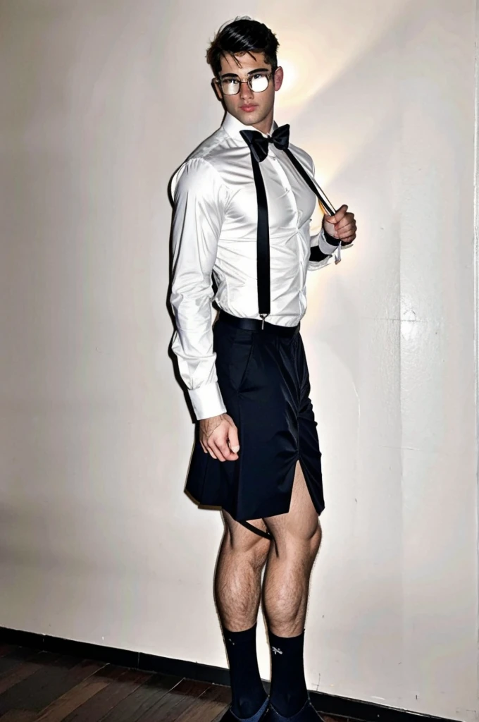 A handsome, strong, young, and sexy man, dressed in a white shirt with a bow tie, the shirt neatly secured with dress shirt stays. Wearing only black briefs and black socks below, the socks held up with garters. The photo is a full-body shot from a side angle, taken in a fashion photography style, set against a backdrop of a clean, uncluttered space.