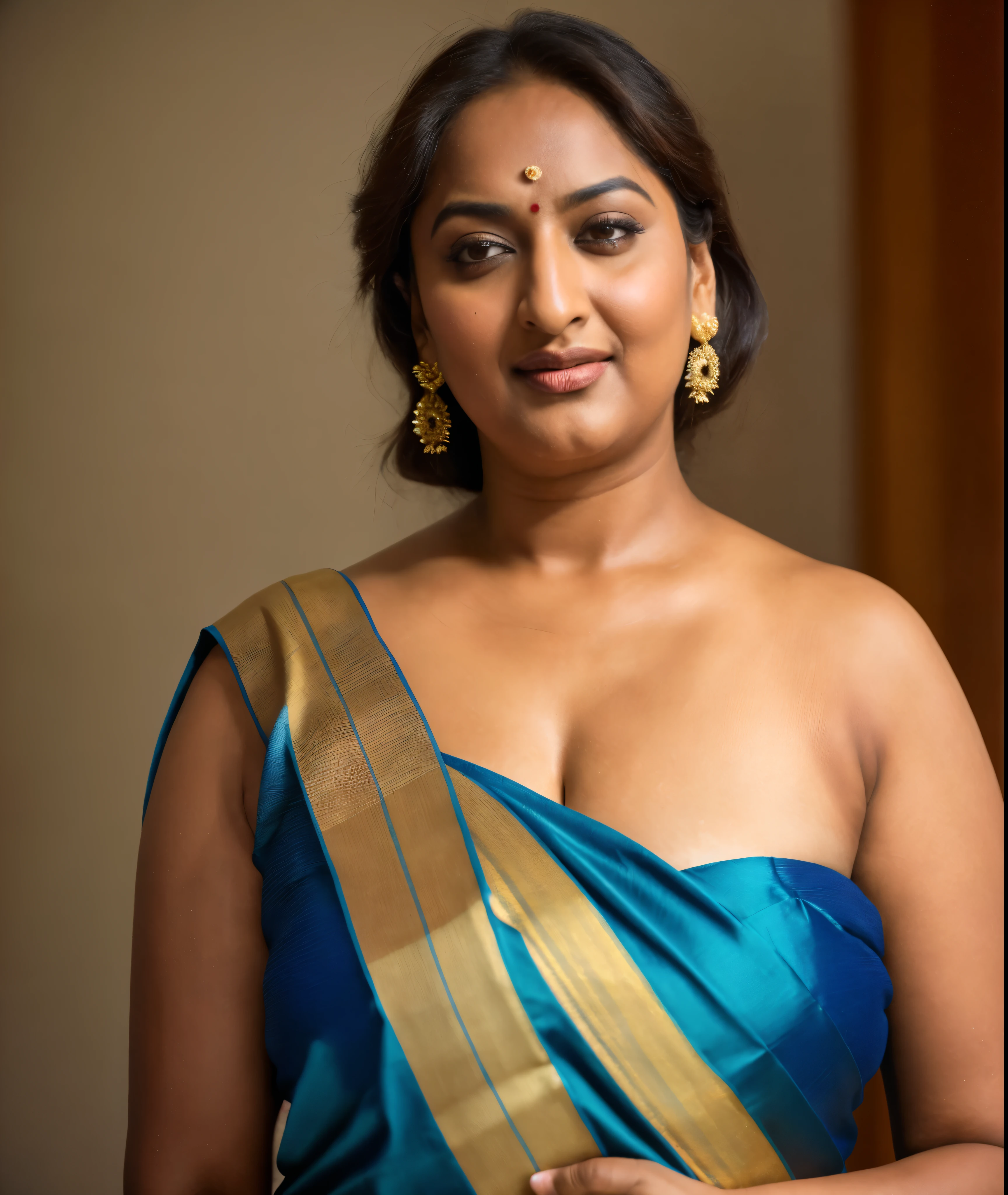 Foto RAW, photorealistic, photography, full body shot, 50 years old Woman, master shot, perfect eyes, goddess like beauty, pierced eyes, perfect thick chubby mallu Desi aunty bhabhi, Wearing a Stanapatta, a chest-band.Saree model, model Photography, Indian saree shoot, Indian traditional wear advertising photography, traditional wear brand shoot, face of Indian actress Sonakshi Sinha, masterpiece, realistic, realism, incredible details, pleasure, photorealism, detailed skin, skin pores, high contrast, photorealistic Artstation 8k HD digital art trend of high definition and detailed realistic skin texture, ultra detail, realistic skin texture, armature, best quality, ultra high definition, (photorealistic:1.4),, high resolution, detail, raw photo, sweat, Re sharp, by Lee Jefferies Nikon D850 Film Stock Photo 4 Kodak Portra 400 Camera F1.6 Lens Rich Color Ultra Real Realistic Realistic Textures Dramatic Lighting Unreal Engine Trending at Art Station Cinestill 800,(pele altamente detalhada: 1.2), 8k UHD, DSLR, soft-lighting, alta qualidade, grain of film, Fujifilm XT3,she didn't like to wear blouse or bra, she is happy to wear only saree, she hates blouse or bra, detailed hairy armpits, hyper realistic skin, skin pores, sweat, veins,