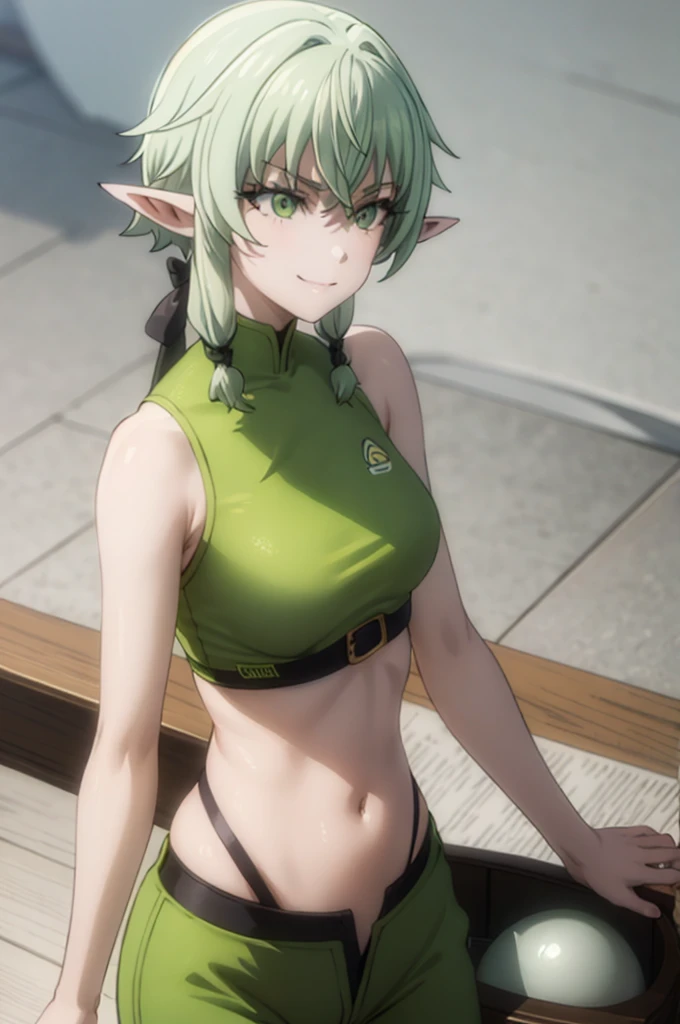 pointy ears, green hair, green eyes, short hair, short hair with long locks,smug half-closed eyes,masterpiece, best quality, photorealistic, yujiasuit, yoga sports bra, yoga pants, 1
solo, , yoga ball, pants, looking at viewer, smile, green sports bra, simple background, , midriff, long hair, breasts, green pants, sportswear, tank top, upper body,