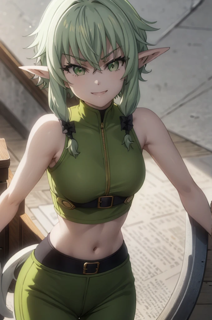 pointy ears, green hair, green eyes, short hair, short hair with long locks,smug half-closed eyes,masterpiece, best quality, photorealistic, yujiasuit, yoga sports bra, yoga pants, 1
solo, , yoga ball, pants, looking at viewer, smile, green sports bra, simple background, , midriff, long hair, breasts, green pants, sportswear, tank top, upper body,