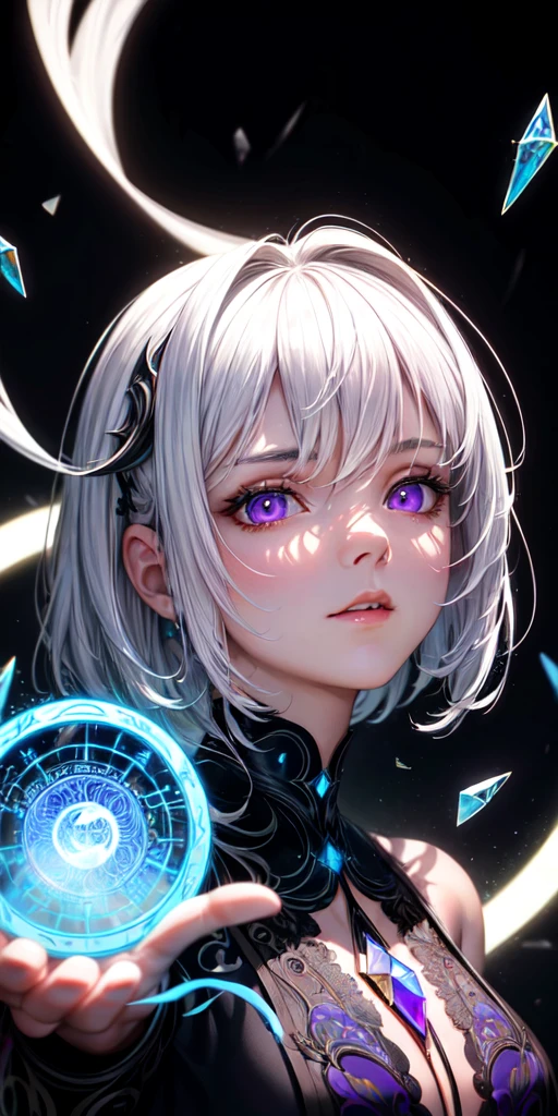 (masterpiece, best quality, ultra-detailed, best shadow), (detailed background,dark fantasy), (beautiful detailed face), high contrast, (best illumination, an extremely delicate and beautiful), ((cinematic light)), colorful, hyper detail, dramatic light, intricate details, (1girl, solo,white hair, sharp face,purple eyes, hair between eyes,dynamic angle), blood splatter, swirling black light around the character, depth of field,black light particles,(broken glass),magic circle,