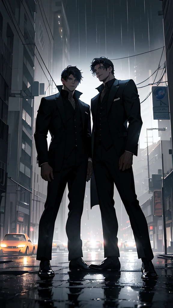 Draw a two young men hero, standing in the road surrounded by several cars and building dark with rain fiery auras. Dramatic lighting from distant thunder and car illuminates the scene, casting deep shadows on the suit. The two young men looks inlove, looking at the vast and mysterious city with wonder and respect, detailed, 8K, perfect facial, cowboy shot