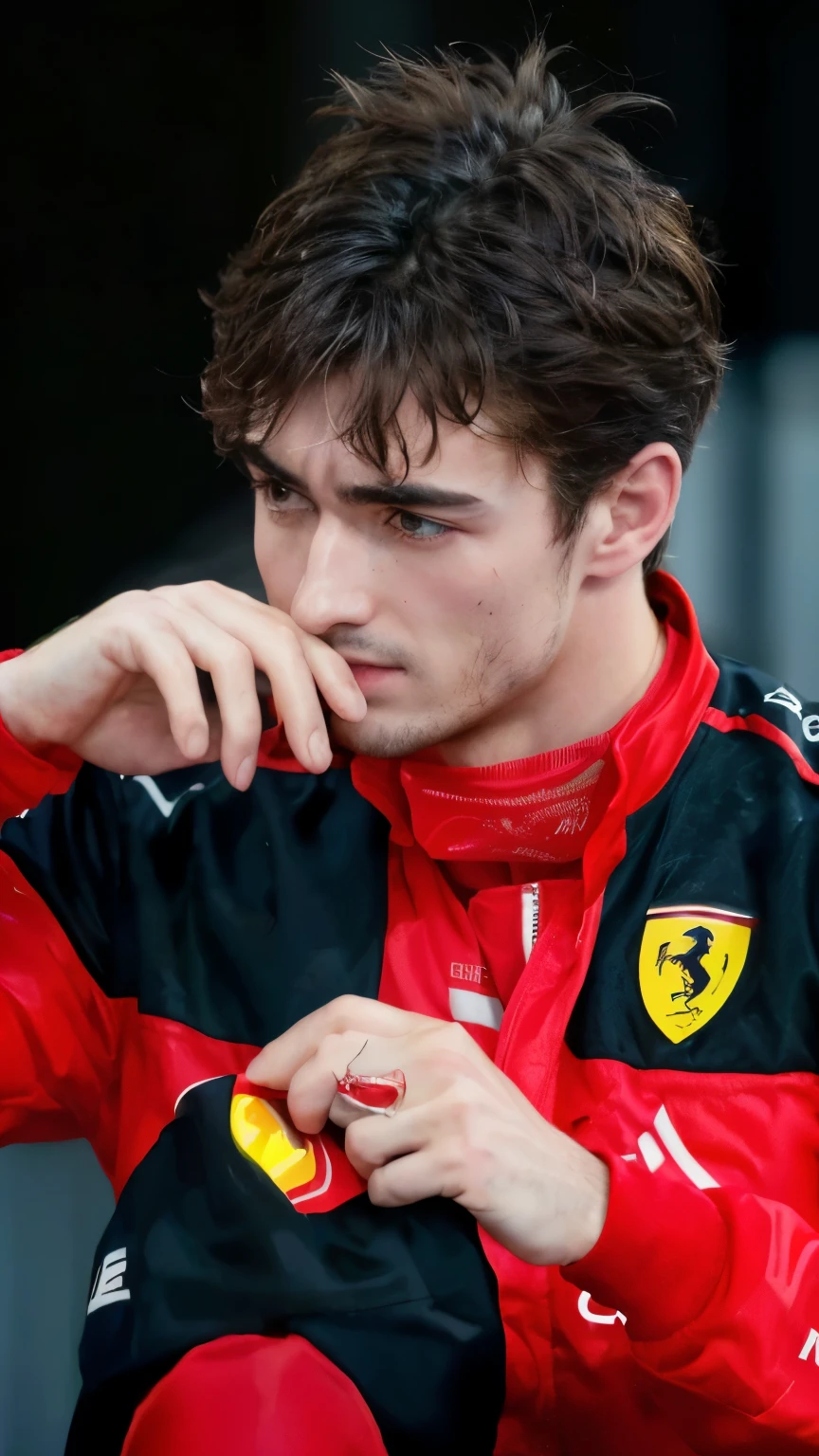 a close up of a man in a red and black jacket, f 1 driver charles leclerc, f 1, ferrari logo on it's chest, f 1/4, diego fernandez, he has a devastated expression, intense expression, hand on his cheek, his palms are sweaty, jesus alonso iglesias, f 1/3, exclusive, intense smoldering