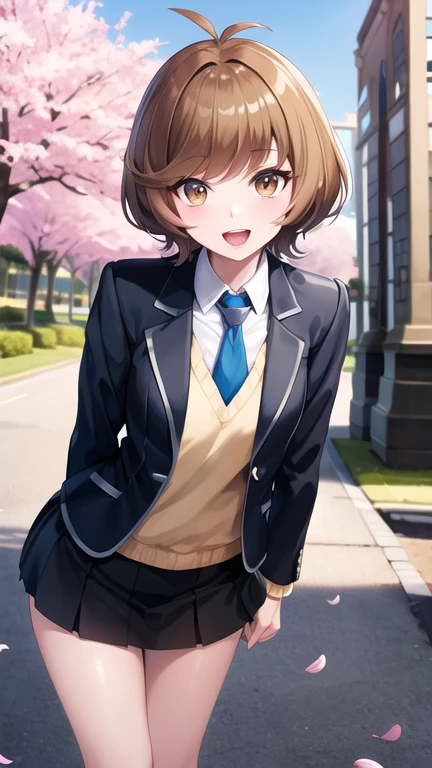 masterpiece, best quality, highres, hmza, short hair, antenna hair, brown eyes, , blue necktie, black jacket, open jacket, long sleeves, black skirt, arms behind back, leaning forward, smile, open mouth, standing, cherry blossoms, outdoors