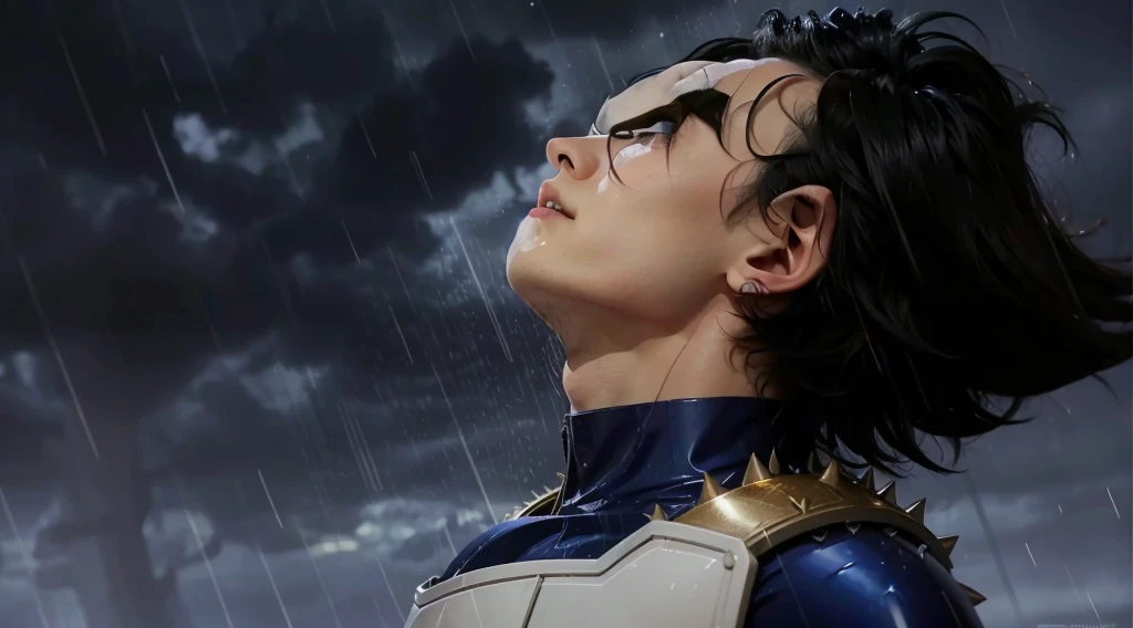 Man looking up with a serious expression as rain falls on his face, spiky black hair, tight blue shirt, futuristic white armor with gold details.