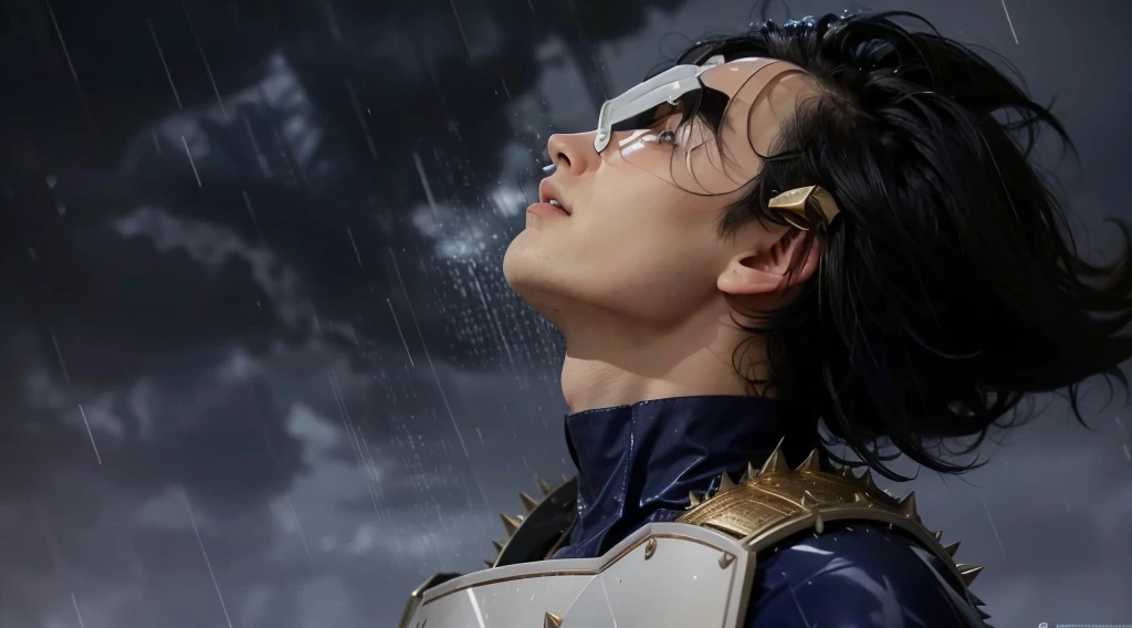 Man looking up with a serious expression as rain falls on his face, spiky black hair, tight blue shirt, futuristic white armor with gold details.