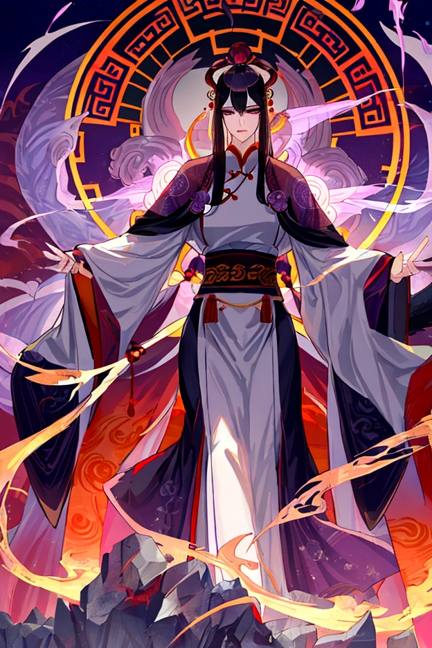 An adult tall woman, a Chinese goddess, black hair with gray streaks, purple eyes, dragon horn and tail, divine light, muscular physique, divine attire, indifferent gaze
