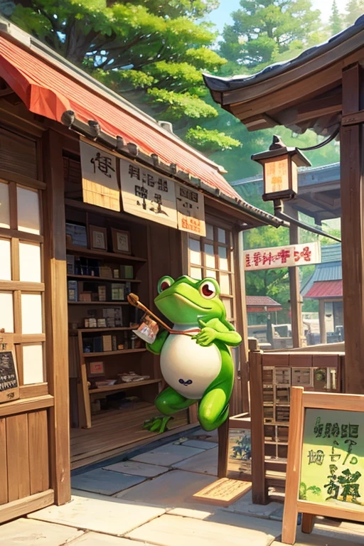 Edo Period、A frog playing a pipe、Doing a store number。The store is thriving