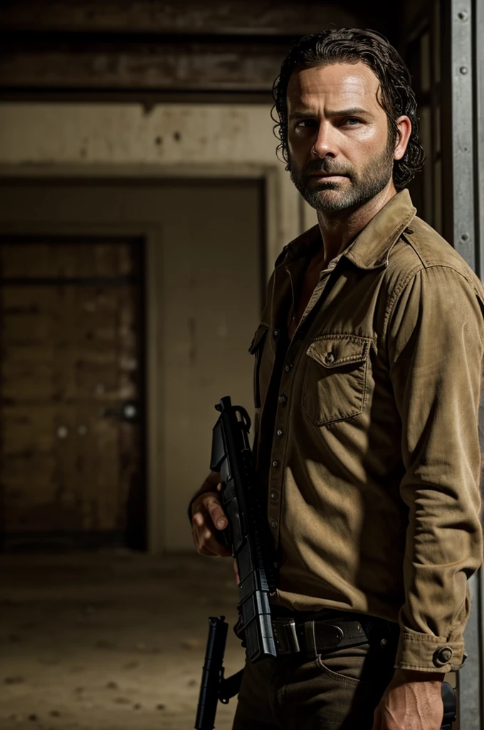 Make a boy with slanted brown eyes, short wavy hair, with a serious expression, with a gun in his hand at his side rick grimes from the walking dead about to face some zombies