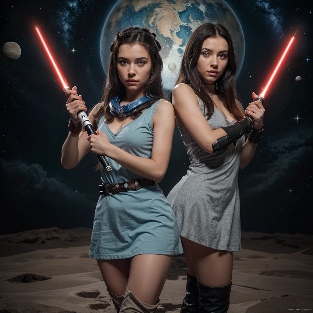 masterpiece, best quality, (1girl), ahsoka_rebels, alien,1girl, cowboy shot, space background, lightsaber, dual wielding, with pose holding lightsaber, planet, galaxy, grey dress, boots, blue eyes, detailed eyes