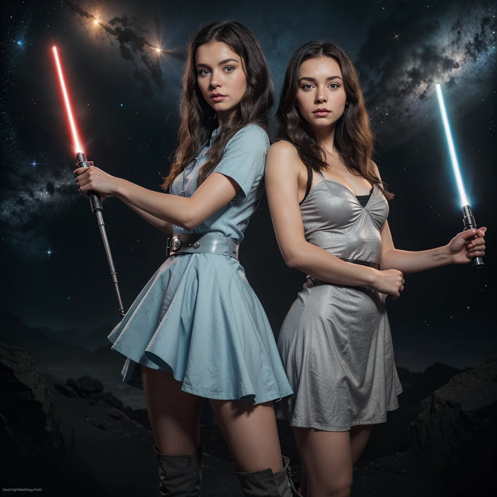 masterpiece, best quality, (1girl), ahsoka_rebels, alien,1girl, cowboy shot, space background, lightsaber, dual wielding, with pose holding lightsaber, planet, galaxy, grey dress, boots, blue eyes, detailed eyes