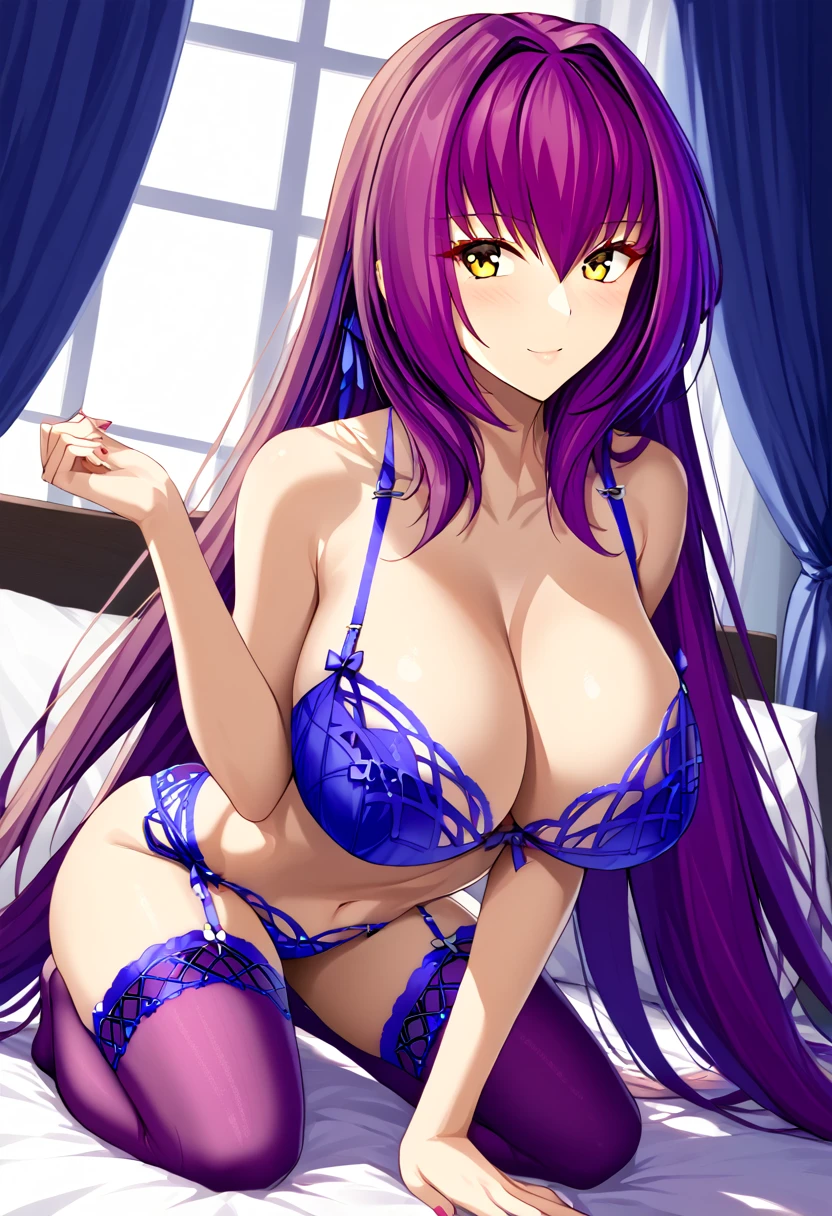 NSFW, 18+, (high quality), Blue navy lingerie, lace fine lingerie, thight stockings, light blush, looking at viewer, huge breasts, precise hands, sexy pose, scathach, long hair, purple hair, (yellow eyes:1.5), thight stockings, detailed bedroom in the background