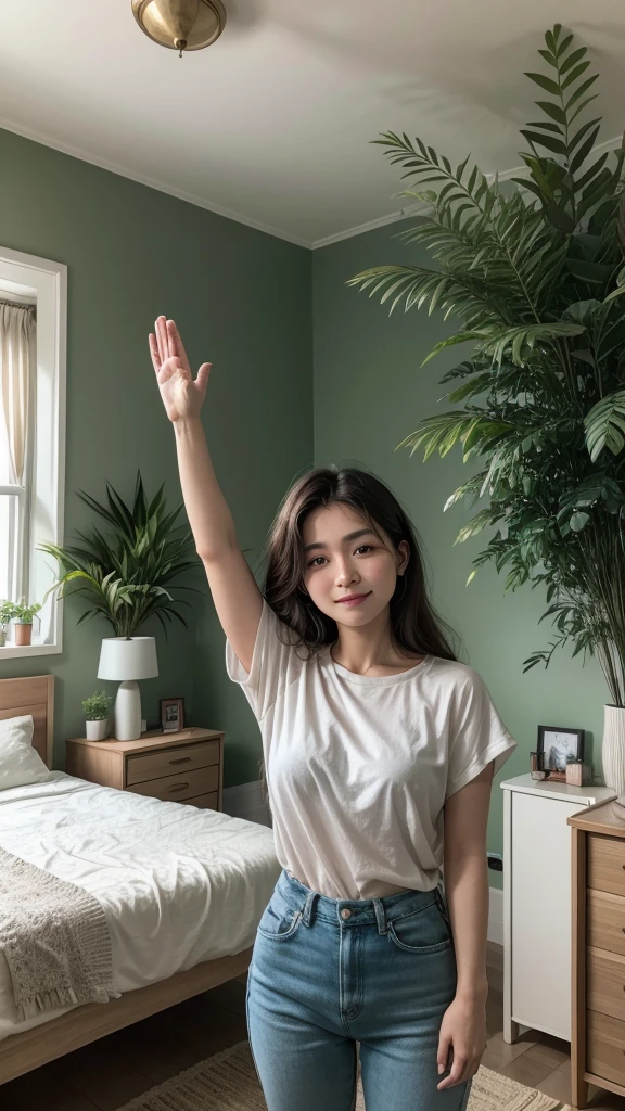 A woman standing in her room, With your hands raised in the air, in a moment of happy prayer and gratitude to God. She is surrounded by green plants, and the room is cozy and lit by a soft light. The woman&#39;s face expresses serenity and joy, reflecting your devotion and happiness. She is happy in her room, smiling long black hair, the sun comes through the window shining into your room,