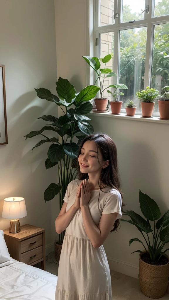A woman standing in her room, With your hands raised in the air, in a moment of happy prayer and gratitude to God. She is surrounded by green plants, and the room is cozy and lit by a soft light. The woman's face expresses serenity and joy, reflecting your devotion and happiness. She is happy in her room, smiling long black hair, the sun comes through the window shining into your room,