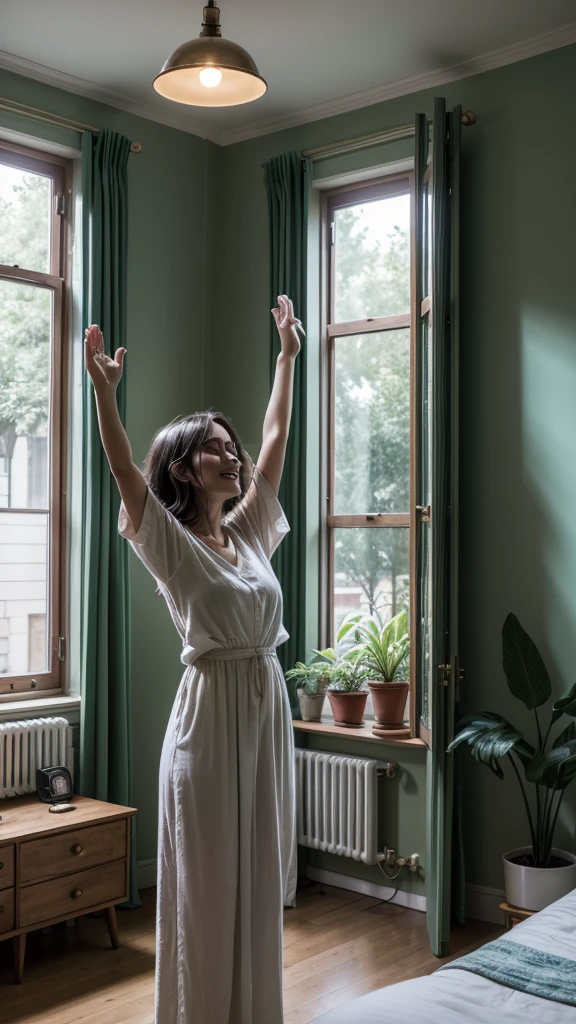 A woman standing in her room, With your hands raised in the air, in a moment of happy prayer and gratitude to God. She is surrounded by green plants, and the room is cozy and lit by a soft light. The woman&#39;s face expresses serenity and joy, reflecting your devotion and happiness. She is happy in her room, smiling long black hair, the sun comes through the window shining into your room,