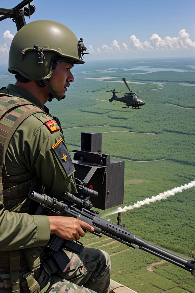 Draw a dog in a military uniform firing an M60 machine gun from a Huey helicopter in Vietnam