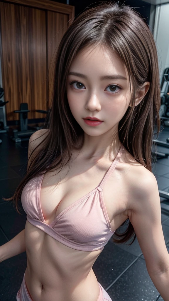 ((Super cute girl exercises at the gym)), ((Bust Top)), Outstanding proportions, From above, ((Small breasts:1.3)), Smooth body, Small and slender figure, ((Detailed eyes and face, Baby Face, Idol Face, Professional photography techniques)), (Perfect Anatomy), ((blush)), (Highest quality, 8K, masterpiece:1.2, RAW Photos), ((A seductive and sexy look:1.3)), sense of openness, Ultra-detailed