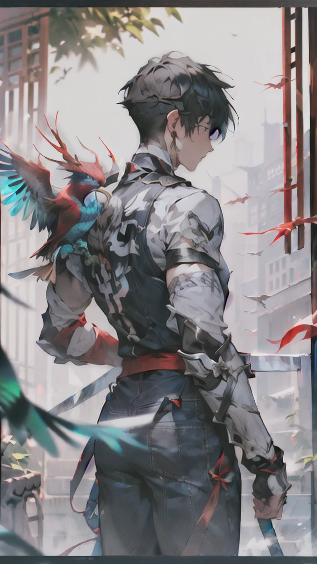 girl, letterboxed, holding, outdoors, bird, standing, cloud, 1boy, weapon, from behind, sky, cloudy sky, animal, holding weapon, eastern dragon, monster, 1other, hat, fog,  