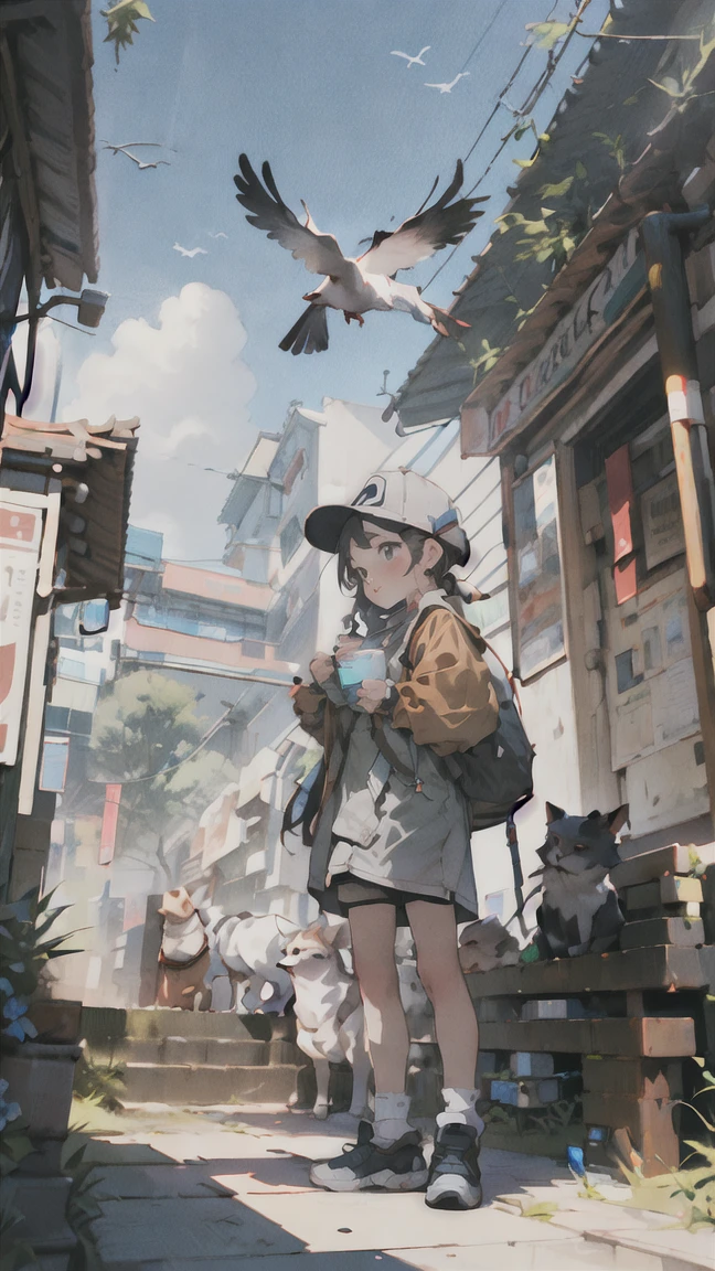 girl, letterboxed, holding, outdoors, bird, standing, cloud, 1boy, weapon, from behind, sky, cloudy sky, animal, holding weapon, eastern dragon, monster, 1other, hat, fog,