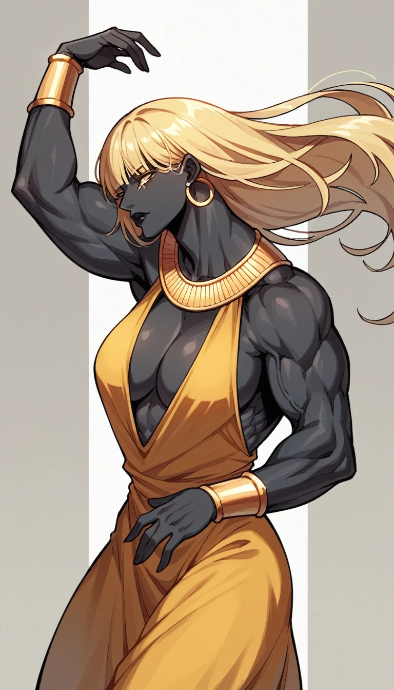 black buff strong woman character, muscle arms, muscle body, buff body, tall woman, black skin, full black skin, strong arms, long fringe hair, blonde hair, blonde fringe hair, fringe hair, scales in body, black lips, egypt hair, milf, black and golden dress, golden details, golden bracelets, dancing