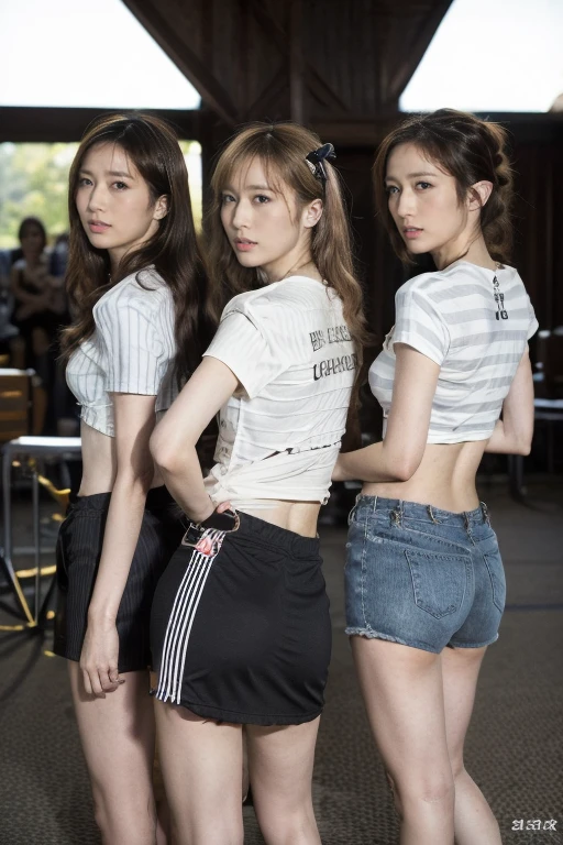 (Original Photography:1.3), dramatic,best quality, Very detailed, high resolution, best quality, Original Photography, Super Detail, (Delicate face), (Delicate eyes) ,blonde,Stylish hairstyle,(Beautiful short skirt、Very detailed的T恤:1.1),rebellious, (((3 Women站在一起:1.3))),Korean female star,fashion model,close up, 3 Women. Cleavage,(((Complex T-shirt、stripe、badge、Bow))),Slender long legs,High heel,Standing,(((With your back to the audience,Show your butt)))