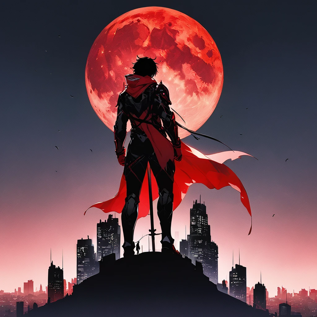 Red Full Moon、Silhouette of a city with buildings、A hero looking down from on high（Red long scarf、Red Gloves、Black Metal Suit）