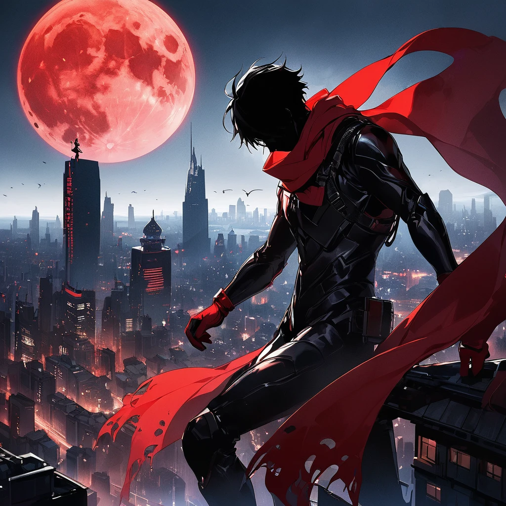 Red Full Moon、Silhouette of a city with buildings、A hero looking down from on high(Red long scarf、Red Gloves、Black Metal Suit)