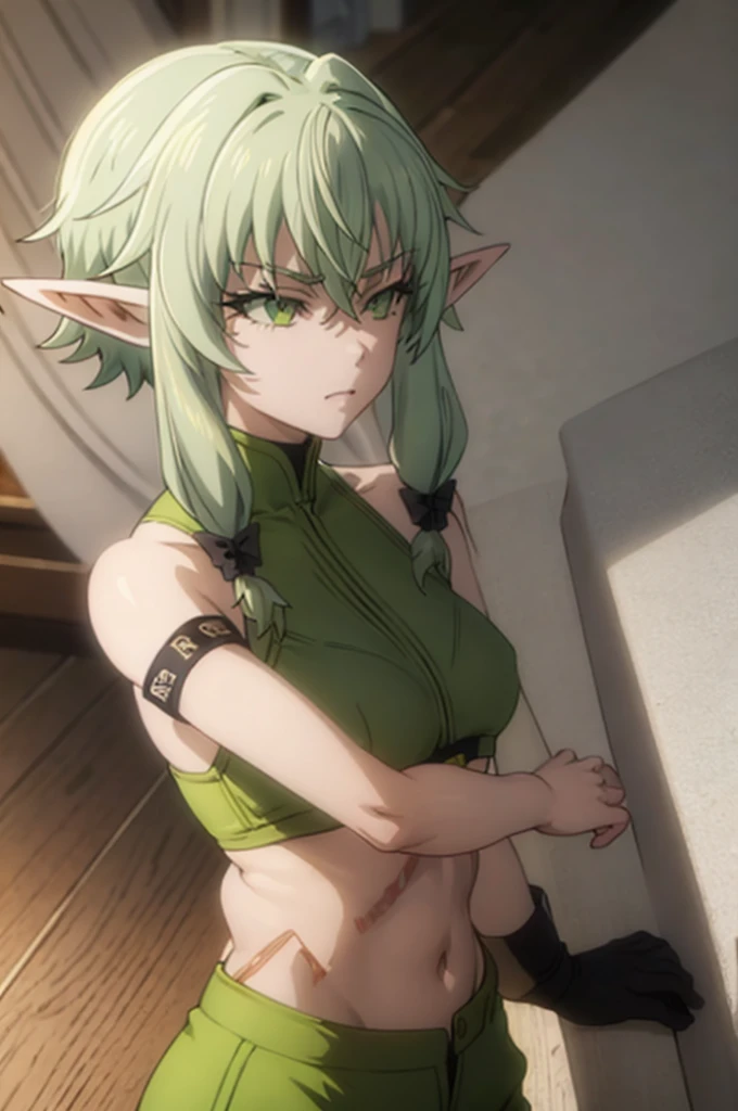 pointy ears, green hair, green eyes, short hair, short hair with long locks,smug half-closed eyes,masterpiece, bestsuper strong elf boy and strong body col

 , green sports bra, simple background, , midriff, long hair, breasts, green pants, sportswear, tank top, upper body,