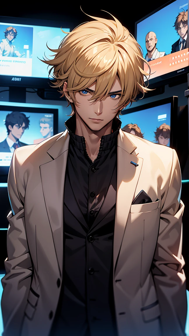 host,television, He is nearby, Anime handsome man, Looking at the audience, high resolution, Super sharp, 8K, masterpiece