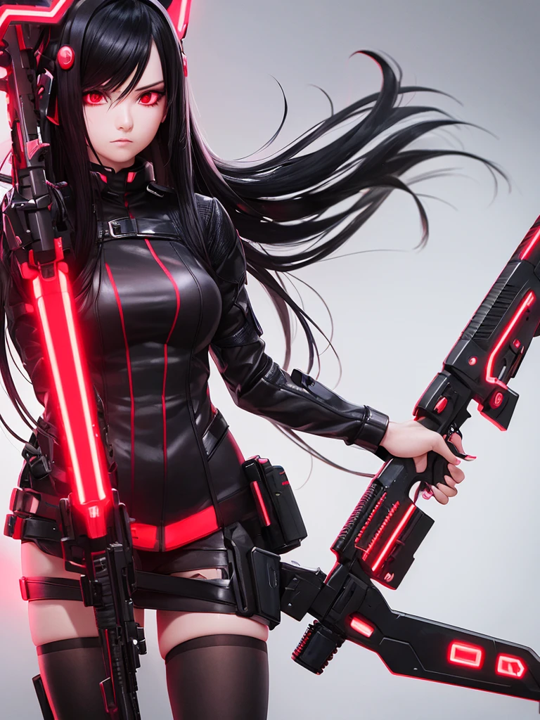 futuristic girl with long black hair with bright red neon lights and a dark background and a deadly red firearm with determined expression 