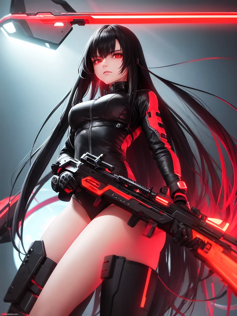 futuristic girl with long black hair with bright red neon lights and a dark background and a deadly red firearm with determined expression