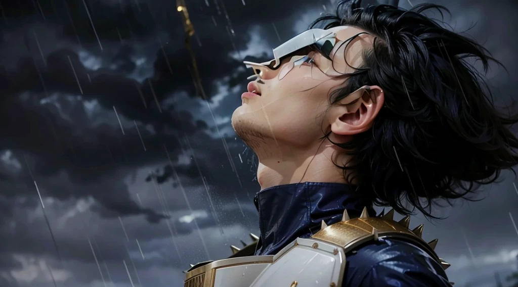 Man looking up with a serious expression as rain falls on his face, spiky black hair, tight blue shirt, futuristic white armor with gold details.