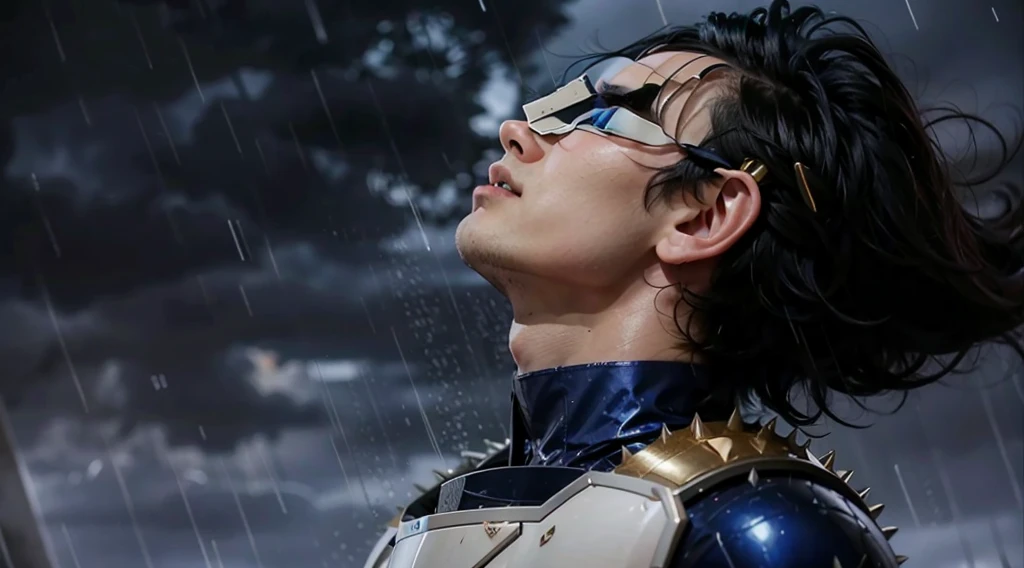 Man looking up with a serious expression as rain falls on his face, spiky black hair, tight blue shirt, futuristic white armor with gold details.