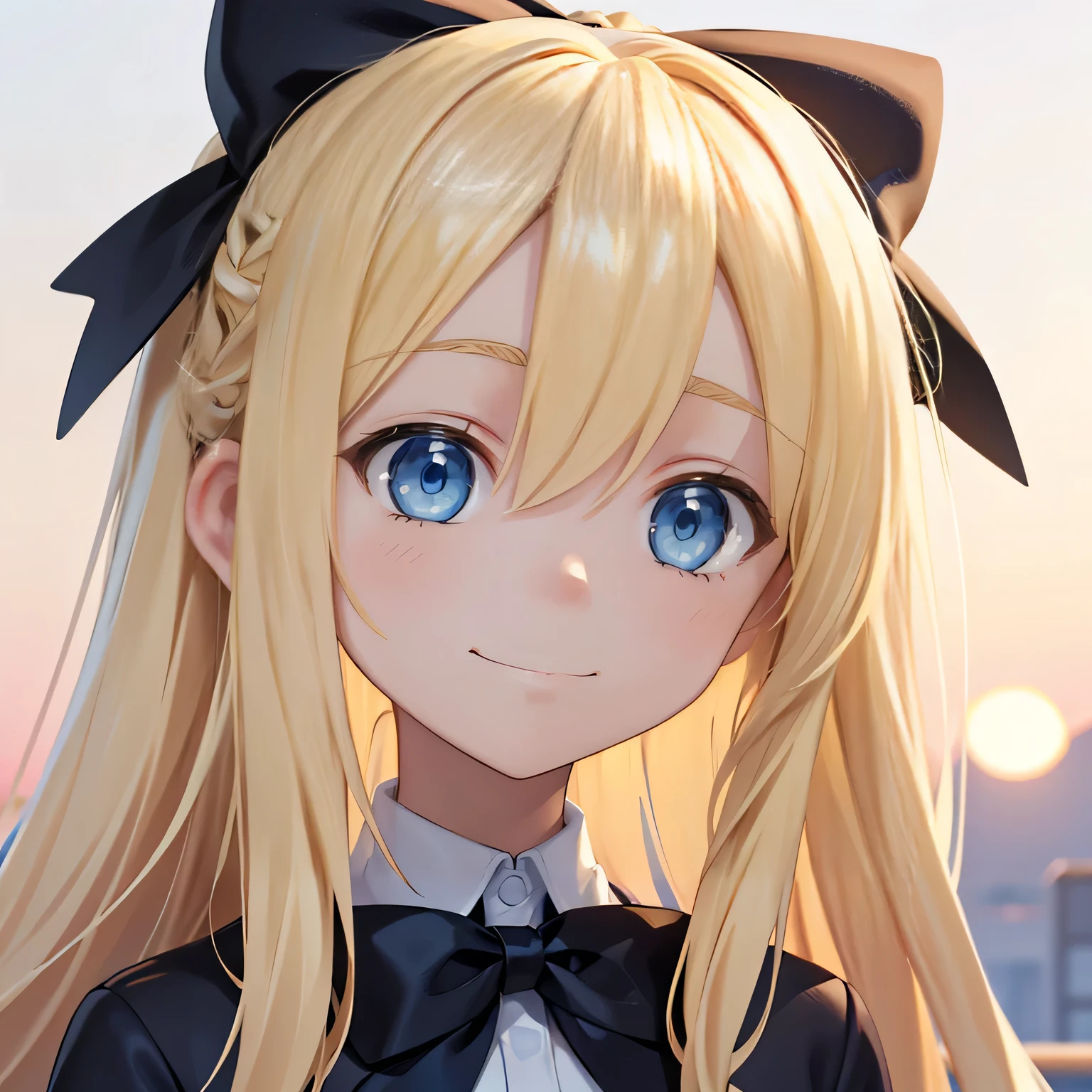 Blonde hair, long hair, white, short, woman, outside, blonde hair, light blue eyes, small mouth, happy, portrait, cheery, black hair bows, two hair bows, small hair bows, sunset, dusk, pretty eyes, beautiful eyes, head only, upper body, close up, light blue shirt