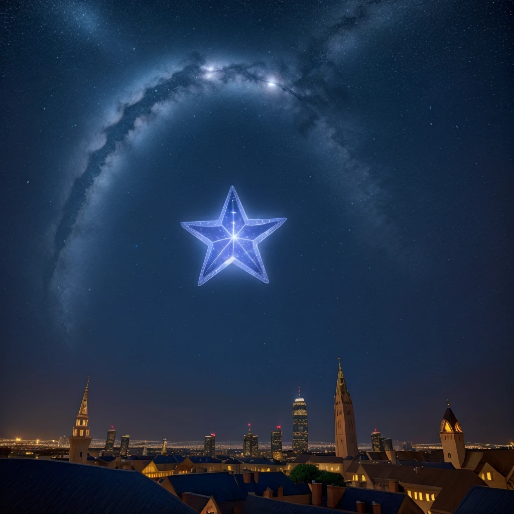 A magical star in the night city sky 